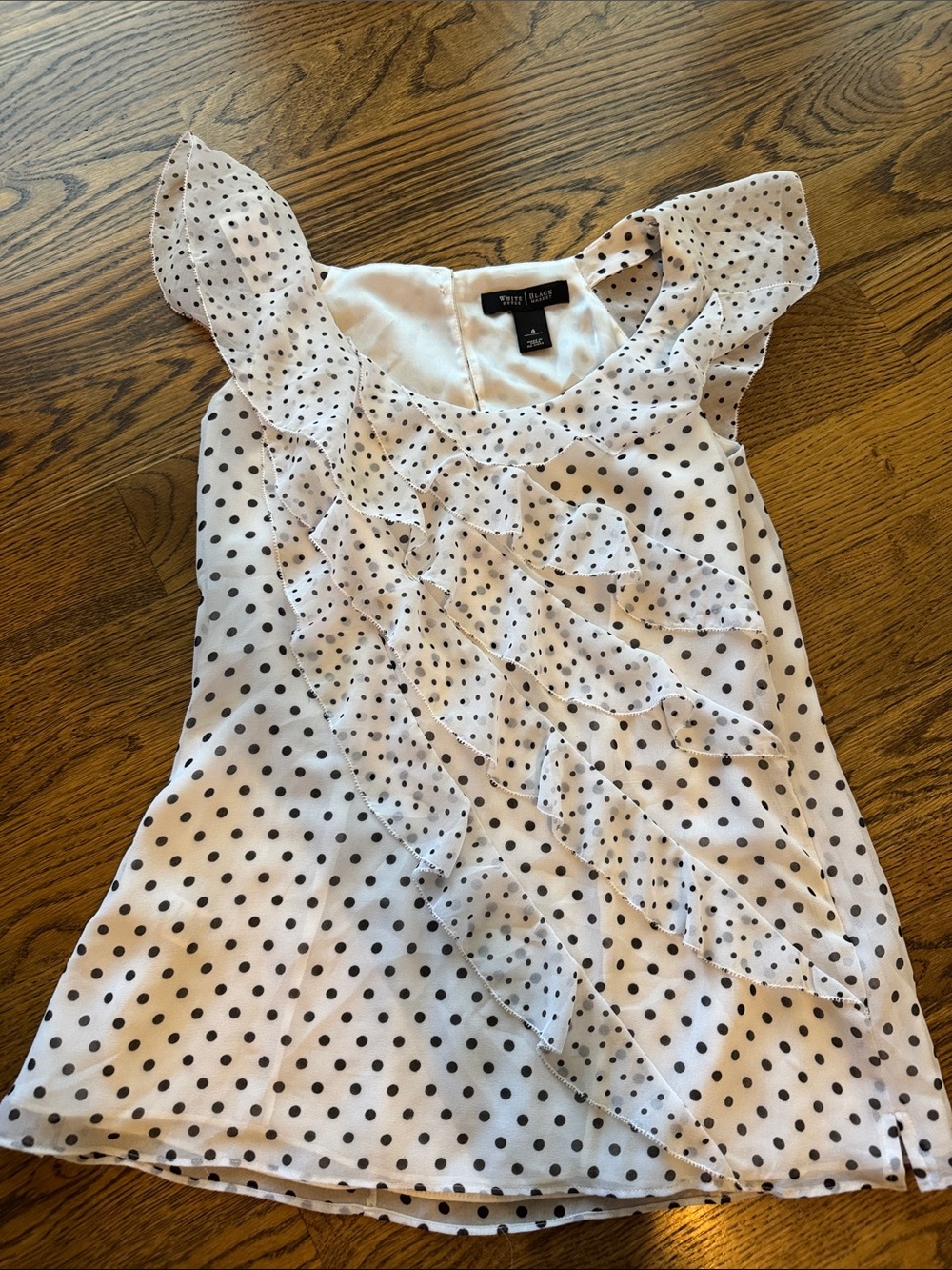 White House Black Market White Shell with Black Polka Dots Ruffle Top